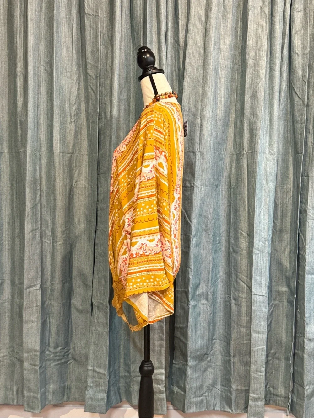 Free People Mustard Floral V-Neck Lace-Hem Tunic